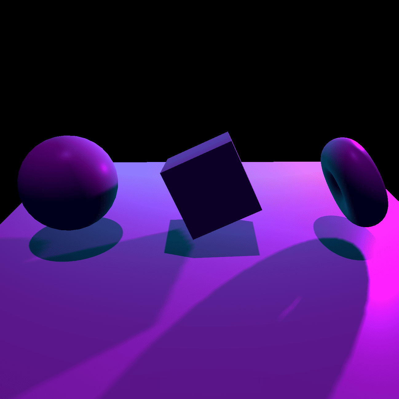 An illuminated sphere, cube and torus producing shadows on a flat plane